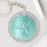 Teal Brushed Metall Silver Glitter Monogram Namn<br><div class="desc">Anpassa enkelt den här chicen av trendig-nyckelkedjan med söt silver mousserande faux glitter på en teal borstad metallbakgrund.</div>