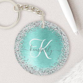 Teal Brushed Metall Silver Glitter Monogram Namn