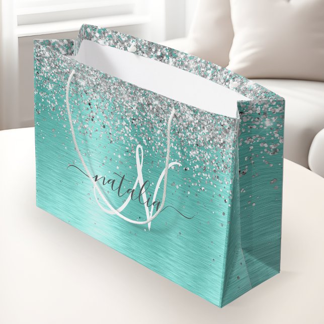 Teal Brushed Metall Silver Glitter Monogram Namn (Skapare uppladdad)