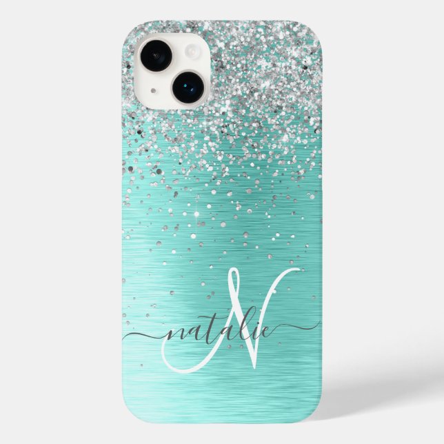 Teal Brushed Metall Silver Glitter Monogram Namn (Baksida)