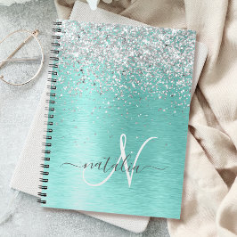 Teal Brushed Metall Silver Glitter Monogram Namn Anteckningsbok