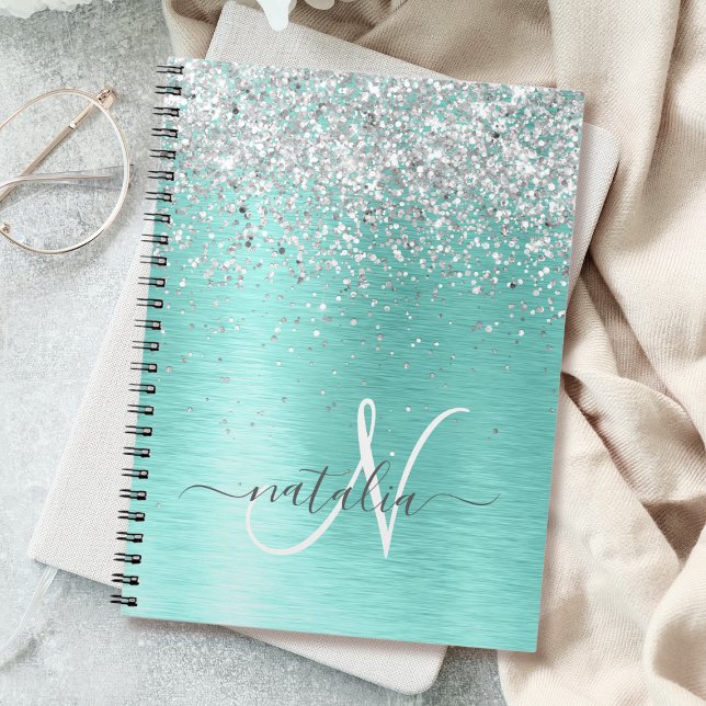 Teal Brushed Metall Silver Glitter Monogram Namn Anteckningsbok (Skapare uppladdad)