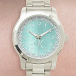 Teal Brushed Metall Silver Glitter Monogram Namn Armbandsur<br><div class="desc">Anpassa chicen på trendiget på ett enkelt sätt med söt silver mousserande glitter på en teal borstad metallbakgrund.</div>