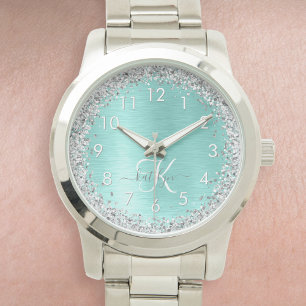 Teal Brushed Metall Silver Glitter Monogram Namn Armbandsur