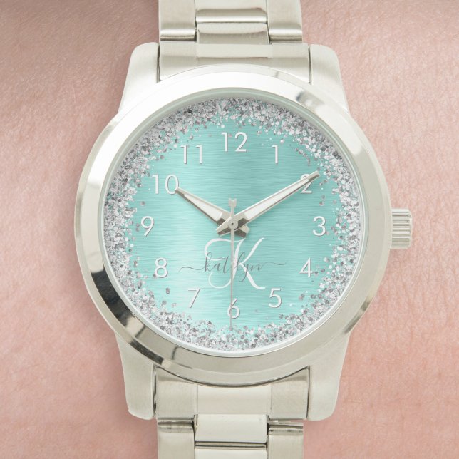 Teal Brushed Metall Silver Glitter Monogram Namn Armbandsur (Skapare uppladdad)