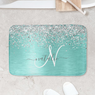 Teal Brushed Metall Silver Glitter Monogram Namn Badrumsmatta