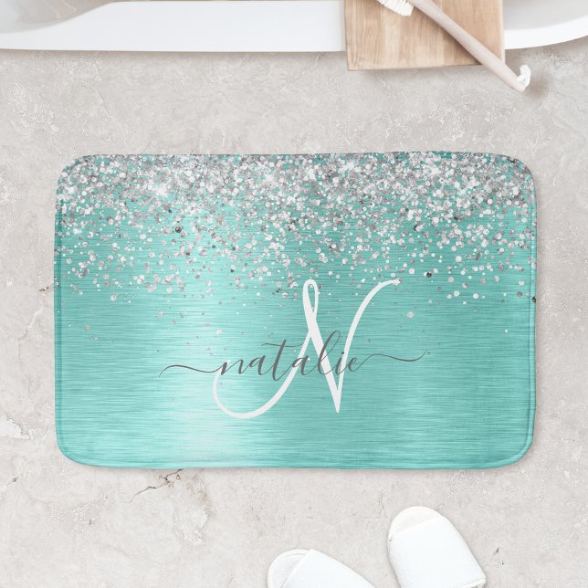 Teal Brushed Metall Silver Glitter Monogram Namn Badrumsmatta (Skapare uppladdad)