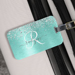 Teal Brushed Metall Silver Glitter Monogram Namn Bagagebricka<br><div class="desc">Det är enkelt att anpassa trendigets chic bagagemärkesdesign med söt silver mousserande glitter på en teal borstad metallbakgrund.</div>