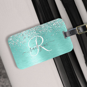 Teal Brushed Metall Silver Glitter Monogram Namn Bagagebricka