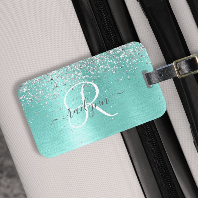 Teal Brushed Metall Silver Glitter Monogram Namn Bagagebricka (Skapare uppladdad)