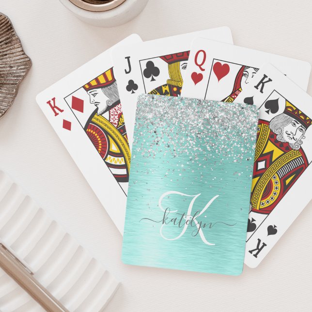Teal Brushed Metall Silver Glitter Monogram Namn Casinokort (Skapare uppladdad)