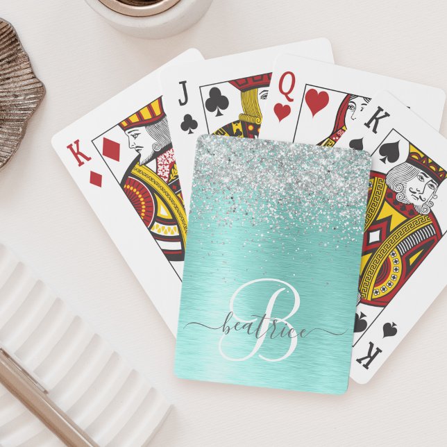 Teal Brushed Metall Silver Glitter Monogram Namn Casinokort (Skapare uppladdad)