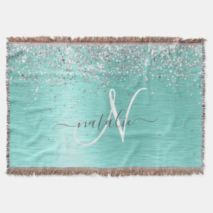 Teal Brushed Metall Silver Glitter Monogram Namn Filt