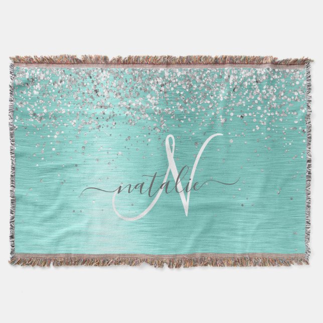 Teal Brushed Metall Silver Glitter Monogram Namn Filt (Framsidan)