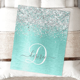 Teal Brushed Metall Silver Glitter Monogram Namn Fleecefilt