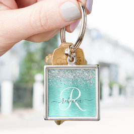 Teal Brushed Metall Silver Glitter Monogram Namn Fyrkantig Silverfärgad Nyckelring