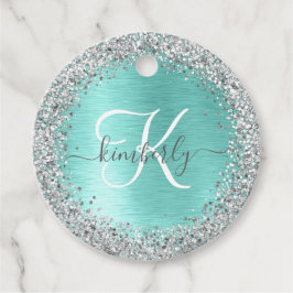 Teal Brushed Metall Silver Glitter Monogram Namn Gåvor Etiketter