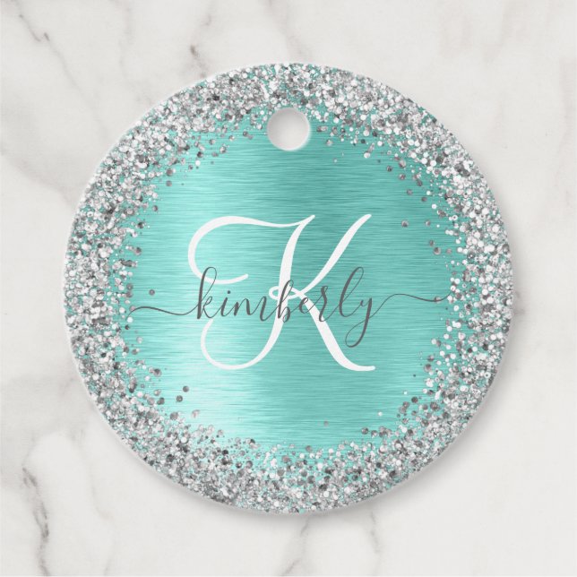 Teal Brushed Metall Silver Glitter Monogram Namn Gåvor Etiketter (Framsida)