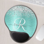 Teal Brushed Metall Silver Glitter Monogram Namn Gel Musmatta<br><div class="desc">Anpassa enkelt trendigets chic med musmatta med söt silver mousserande glitter på en teal borstad metallbakgrund.</div>