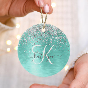 Teal Brushed Metall Silver Glitter Monogram Namn Julgransprydnad Keramik