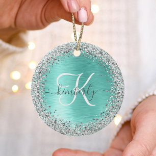 Teal Brushed Metall Silver Glitter Monogram Namn Julgransprydnad Keramik