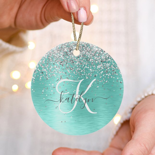 Teal Brushed Metall Silver Glitter Monogram Namn Julgransprydnad Keramik (Skapare uppladdad)