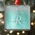 Teal Brushed Metall Silver Glitter Monogram Namn Julgransprydnad Metall<br><div class="desc">Anpassa enkelt chicen i trendig med  som ger söt silver mousserande glitter på en teal borstad metallbakgrund.</div>