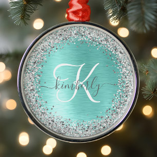 Teal Brushed Metall Silver Glitter Monogram Namn Julgransprydnad Metall