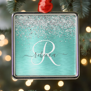  Teal Brushed Metall Silver Glitter Monogram Namn Julgransprydnad Metall