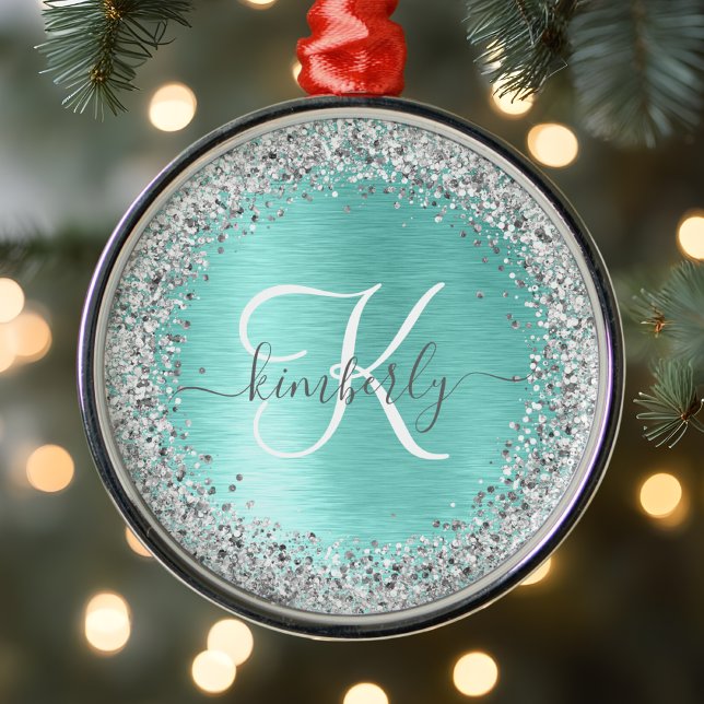 Teal Brushed Metall Silver Glitter Monogram Namn Julgransprydnad Metall (Skapare uppladdad)