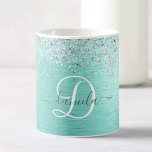 Teal Brushed Metall Silver Glitter Monogram Namn Kaffemugg<br><div class="desc">Anpassa enkelt trendigets chic-kaffemönster i mugg med gnistrande glitter i söt silver på en teal borstad metallbakgrund.</div>