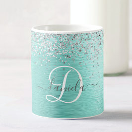 Teal Brushed Metall Silver Glitter Monogram Namn Kaffemugg