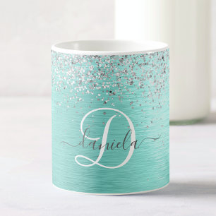 Teal Brushed Metall Silver Glitter Monogram Namn Kaffemugg