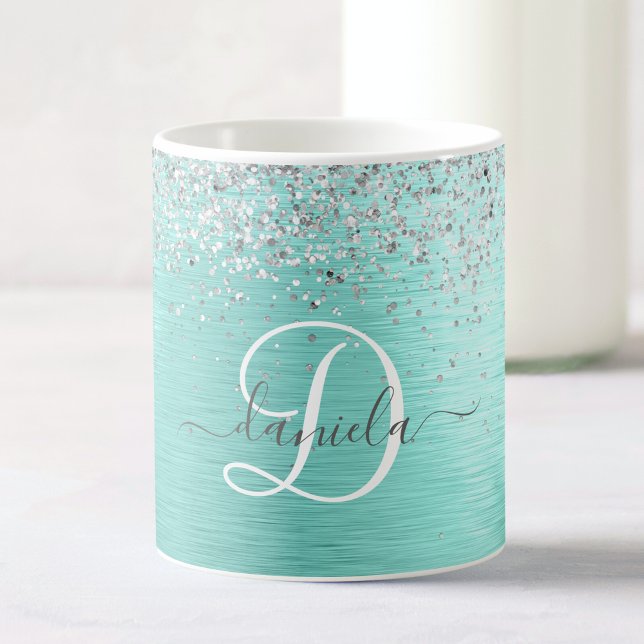 Teal Brushed Metall Silver Glitter Monogram Namn Kaffemugg (Skapare uppladdad)