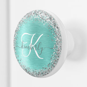 Teal Brushed Metall Silver Glitter Monogram Namn Knopp