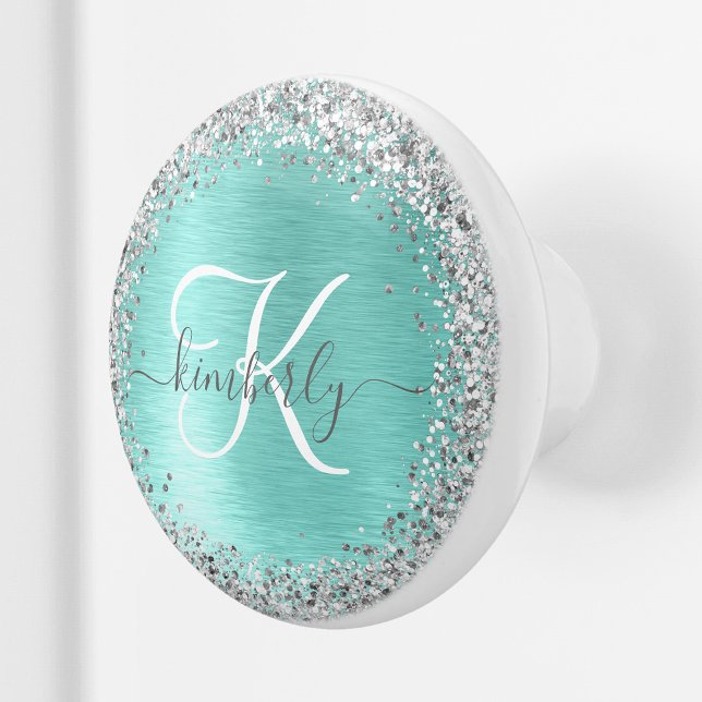 Teal Brushed Metall Silver Glitter Monogram Namn Knopp (Skapare uppladdad)