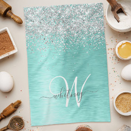 Teal Brushed Metall Silver Glitter Monogram Namn Kökshandduk