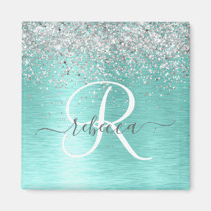 Teal Brushed Metall Silver Glitter Monogram Namn Magnet