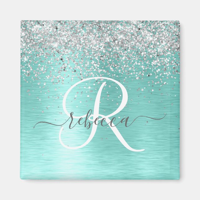 Teal Brushed Metall Silver Glitter Monogram Namn Magnet (Framsidan)