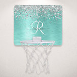 Teal Brushed Metall Silver Glitter Monogram Namn Mini-Basketkorg<br><div class="desc">Anpassa chicen av  i trendig med  av basket i ring som ger söt silver mousserande glitter på en borstad metallbakgrund.</div>