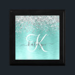 Teal Brushed Metall Silver Glitter Monogram Namn Minnesask<br><div class="desc">Anpassa enkelt trendigets presentboxdesign med söt silver mousserande glitter på en borstad metallbakgrund i silver.</div>