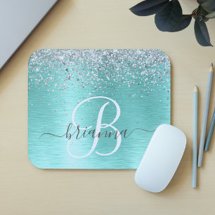 Teal Brushed Metall Silver Glitter Monogram Namn Musmatta