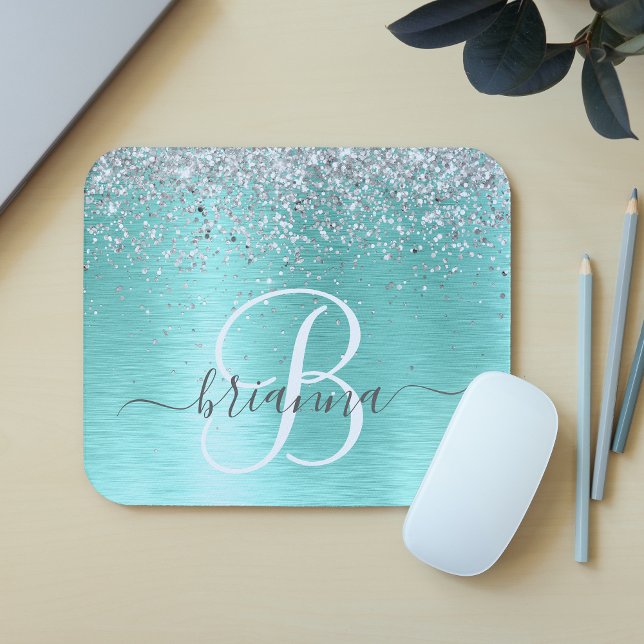 Teal Brushed Metall Silver Glitter Monogram Namn Musmatta (Skapare uppladdad)