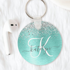 Teal Brushed Metall Silver Glitter Monogram Namn Nyckelring