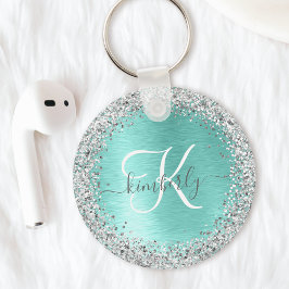 Teal Brushed Metall Silver Glitter Monogram Namn Nyckelring