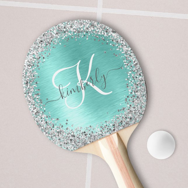 Teal Brushed Metall Silver Glitter Monogram Namn Pingisracket (Skapare uppladdad)