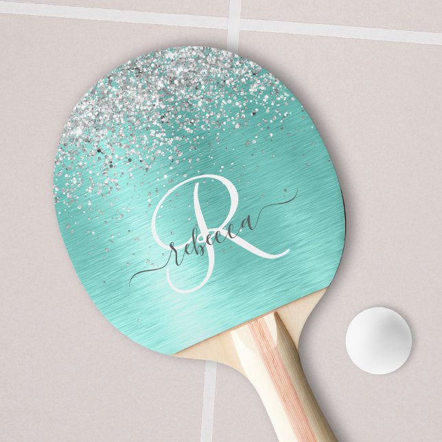 Teal Brushed Metall Silver Glitter Monogram Namn Pingisracket (Skapare uppladdad)