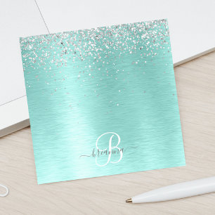 Teal Brushed Metall Silver Glitter Monogram Namn Post-it Block