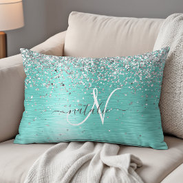 Teal Brushed Metall Silver Glitter Monogram Namn Prydnadskudde