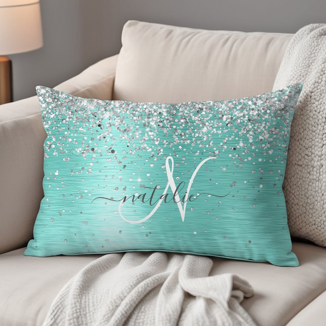 Teal Brushed Metall Silver Glitter Monogram Namn Prydnadskudde (Skapare uppladdad)